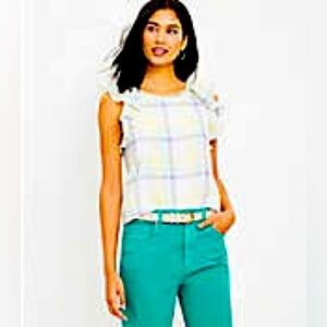 NWOT LOFT Plaid Crinkle Ruffle Double V Top Size Large